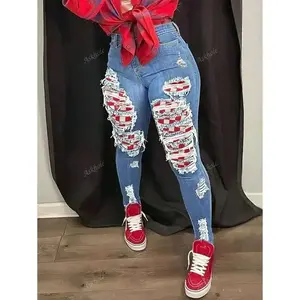 New Fashion Distressed Patch Decor Casual Skinny Stretch Jeans Pants, Slim Fit For Women Fabric Womenswear Can be used with raincoat