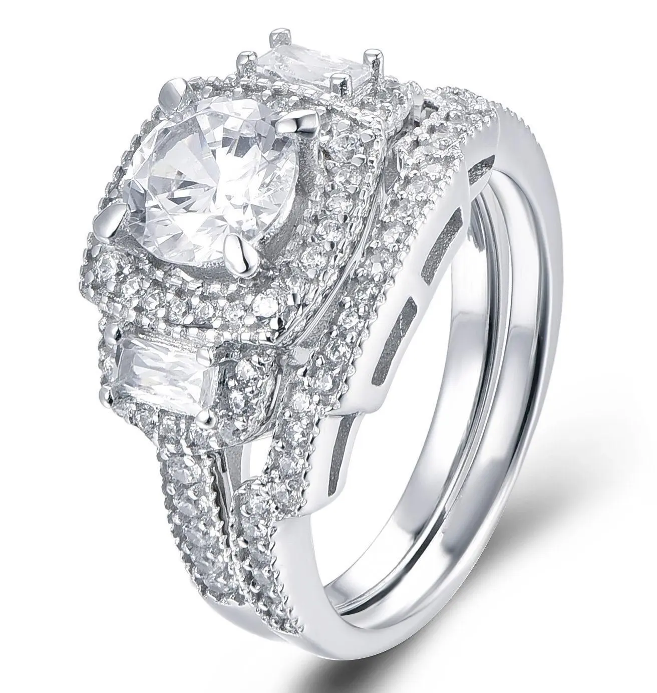 Janefashions Round Cut Square Halo 925 Sterling Silver CZ Wedding Band Engagement Rings Set Bridal Ring Set Women Size 3-15 SR84