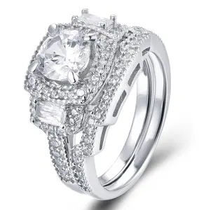 Janefashions Round Cut Square Halo 925 Sterling Silver CZ Wedding Band Engagement Rings Set Bridal Ring Set Women Size 3-15 SR84