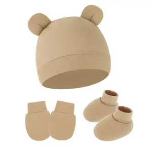 Newborn Baby Hat Set, Mickey Ears Cap, Anti-Scratch Gloves, Foot Covers, 3-Piece Infant Gear, 0-6 Months, All Seasons