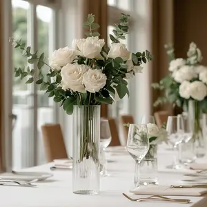 6 Pack Ribbed Cylinder Glass Vases – 14" Tall Clear Decorative Vases for Dining Tables, Mantels & Modern Interiors