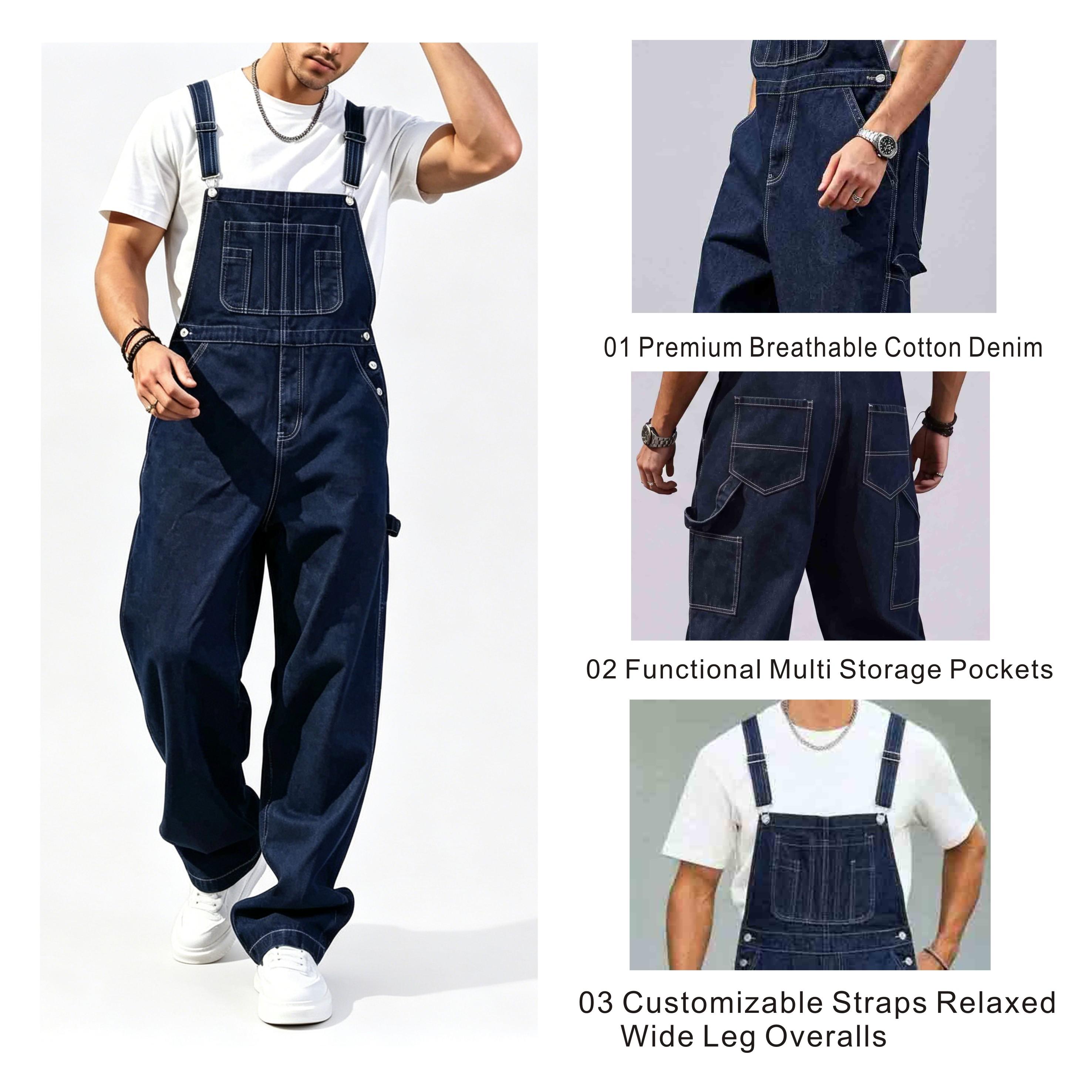 Men's Denim Cargo Overalls - Simple Vintage Fit Casual Wear Clothes, Loose Wide-Leg Multi-Pocket Bib Jumpsuit with Adjustable Straps