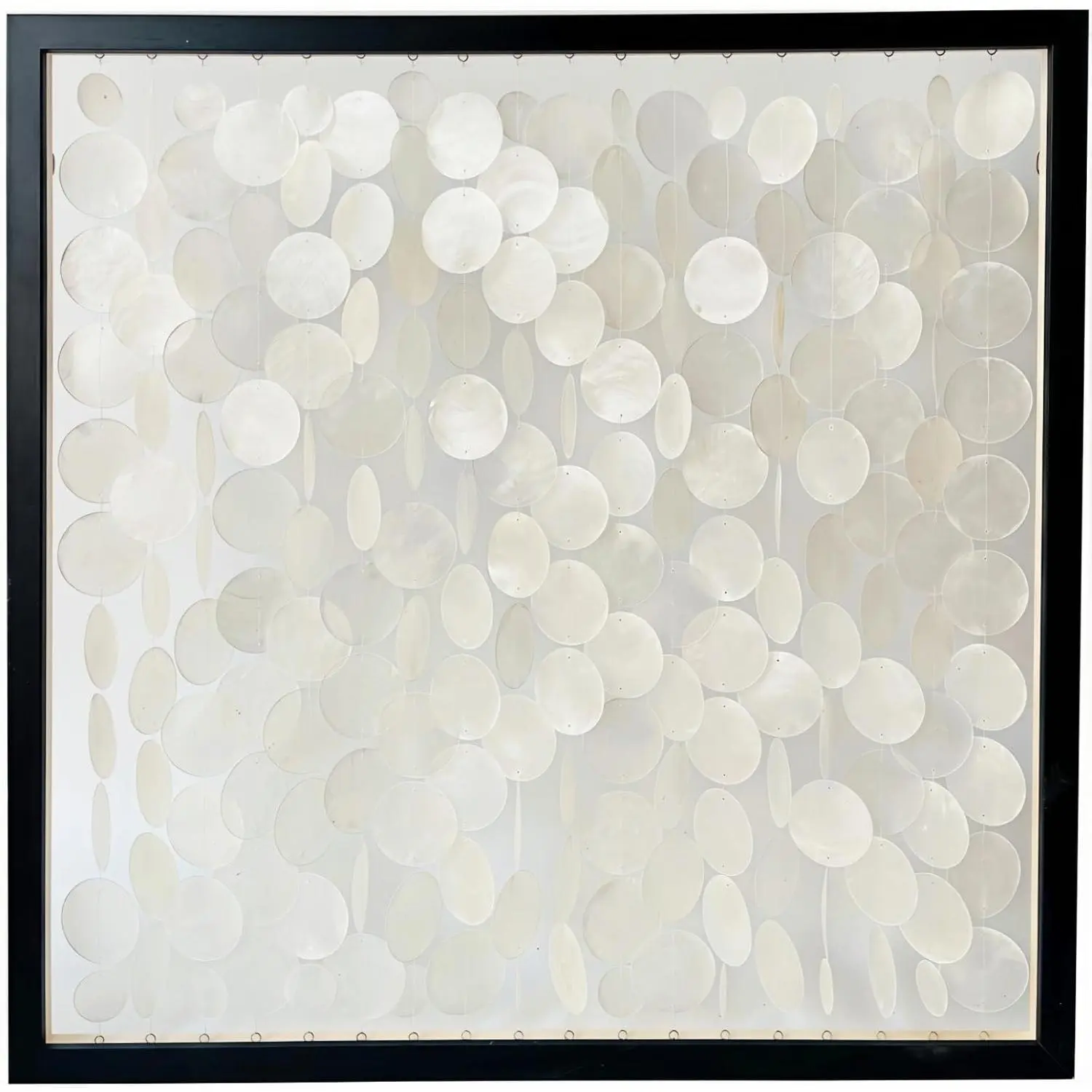 DHHOUSE 24x24 Inch Capiz Shell Wall Hanging Decor, Handmade Coastal Wall Art with Black Wood Frame, Minimalist White Sea Shell Artwork for Living Room, Bedroom