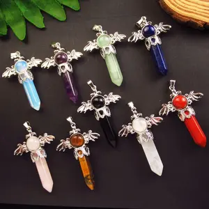Natural Stone Crystal Hexagonal Column Angel Scepter Pendulum Amethyst Pendant Pendulum Dual-purpose Retro Jewelry Accessories