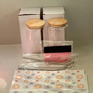 Ultimate Cup Making Starter Kit - Comes with 2 16oz Glass Cups 3 MYSTERY UVDTF Wraps, 2 Metal Straws & a Pink Squeegee, DIY Cups