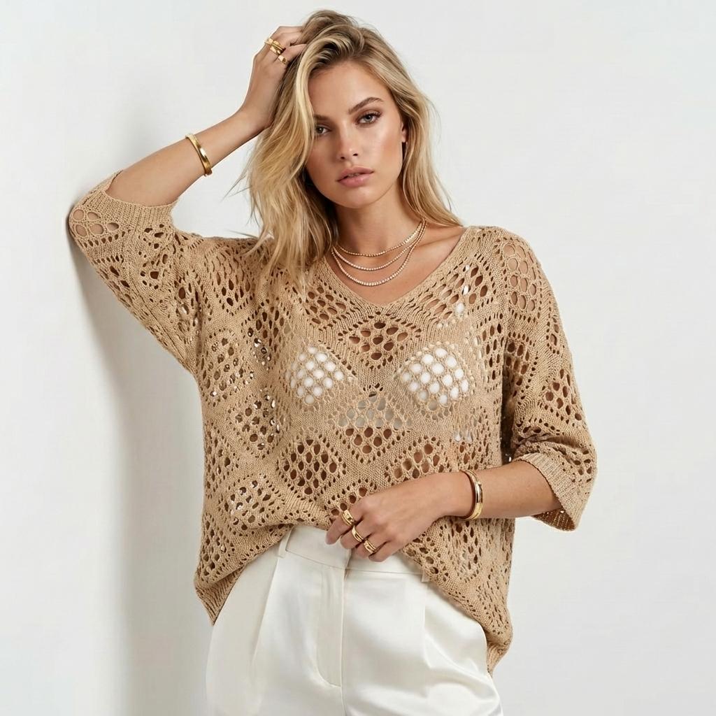 Boho Crochet Knit Hoodie V-Neck Top for Women - Y2K Aesthetic Summer Open Knit Sweater Batwing Sleeve Hollow Out Casual Beach Cover Up Resort Wear Khaki Tan Knitwear Oversized Fit Juniors Cottagecore - Plus Size Friendly