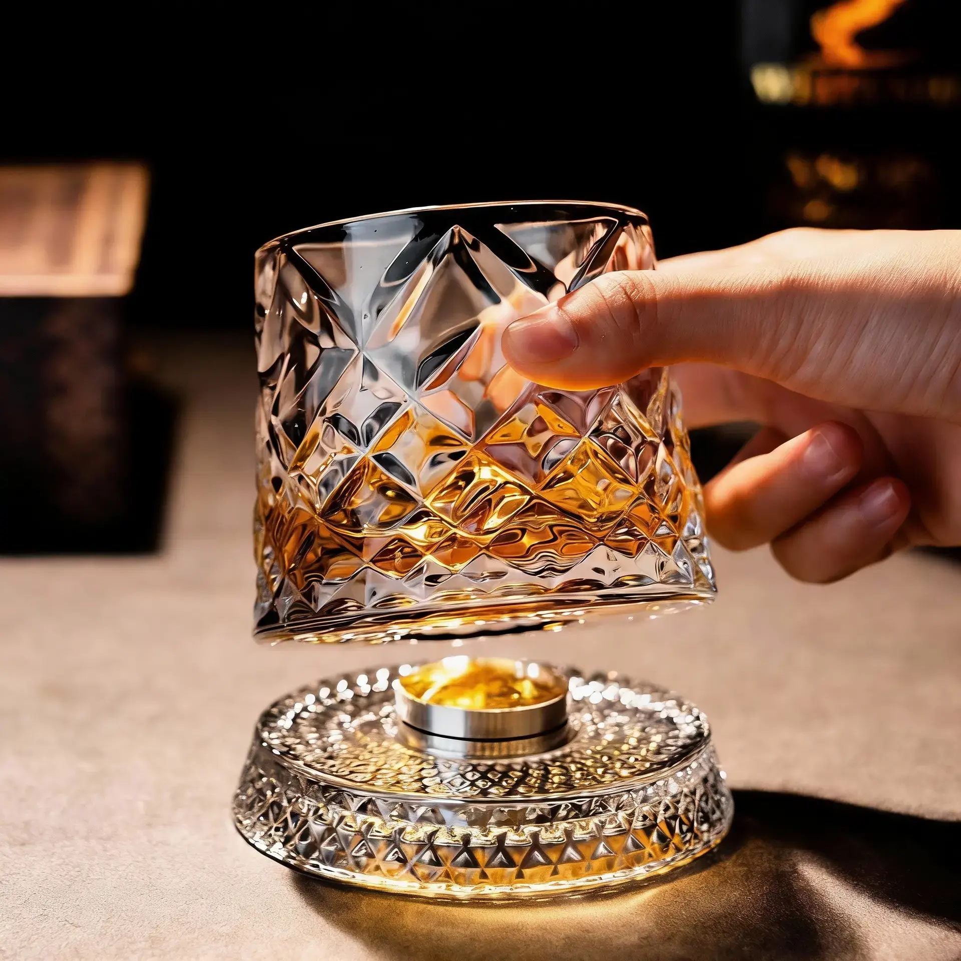 Luxury Ruby Red 360° Spinning Thick Sturdy Crystal Whiskey Cup, Star Cut Stylish European Bar Glassware, Washable Stress Relief Tumbler for Bourbon & Home Cocktail Drinking