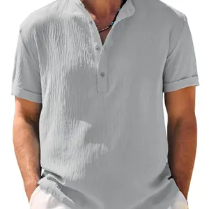 COOFANDY Men Henley Beach Shirt Short Sleeve Hippie Casual Summer Vacation T-Shirt Navy Blue