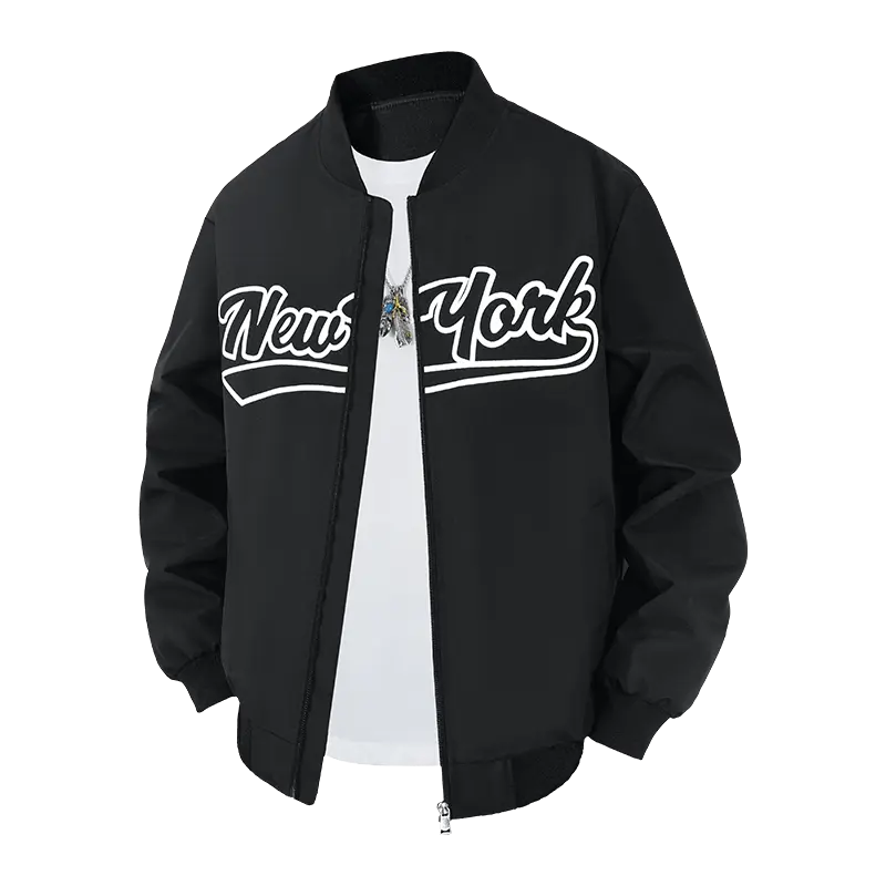 Vintage New York letter embroidery baseball jacket, unisex design, stand collar zip-up flight jacket, lightweight for spring/autumn, casual versatile workwear top