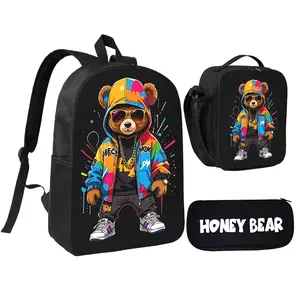 Honey Bear Lightweight Cartoon Bear Backpack & Lunch Bag Set for Youth with Adjustable Straps & Vibrant Print Design for School & Outdoor Activities, Christmas Gift