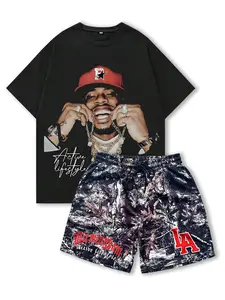 Men's Regular Fit Graphic Tee & Shorts Set, Crew Neck Short Sleeve T-Shirt & Drawstring Waist Shorts, Casual Fashion Cozy Breathable Men Two-Piece Outfits for Summer Menswear Clothes