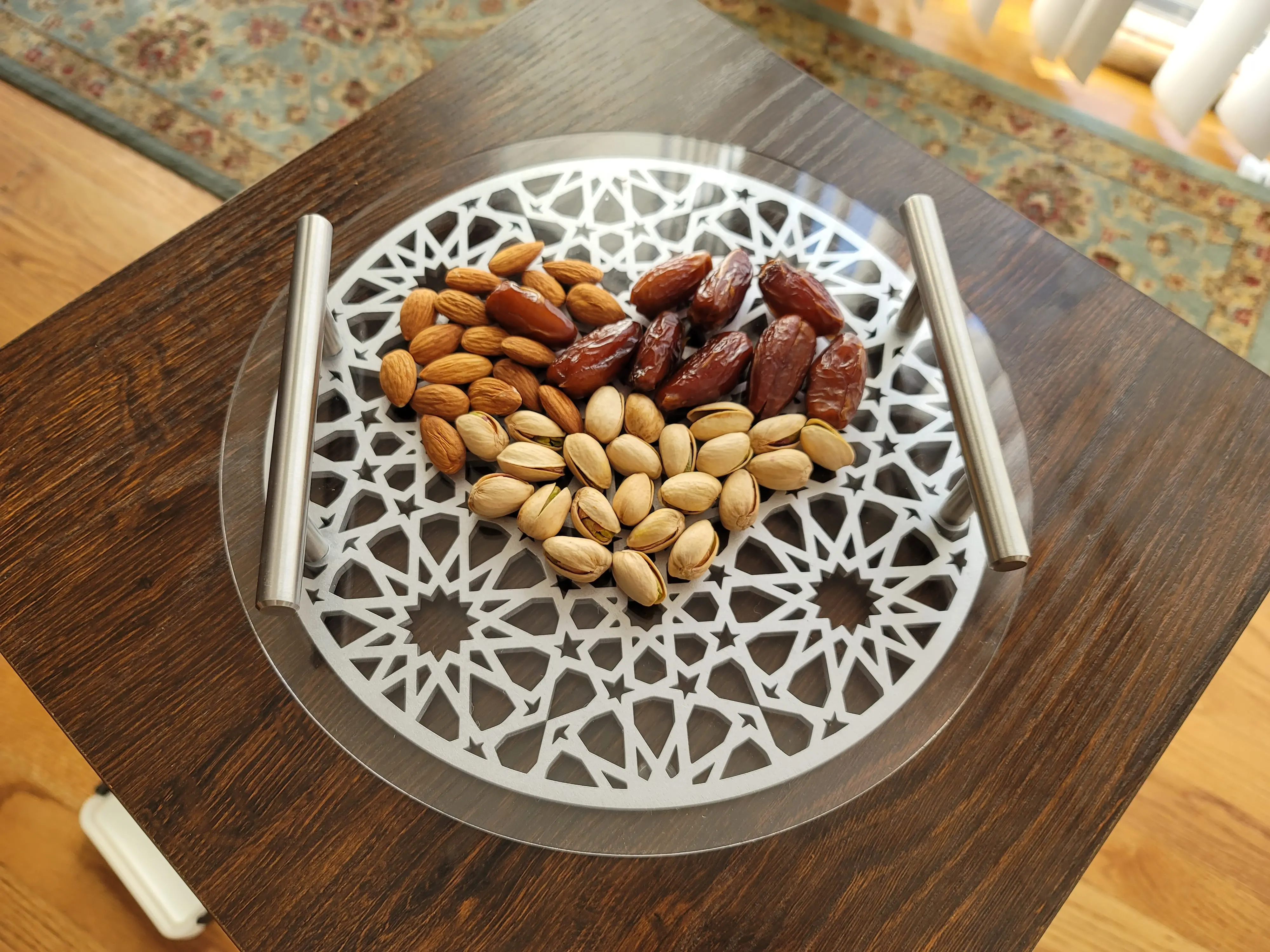 Islamic Pattern Wooden Sweets Tray With Acrylic Top - Silver-Ramadan-Eid Tray