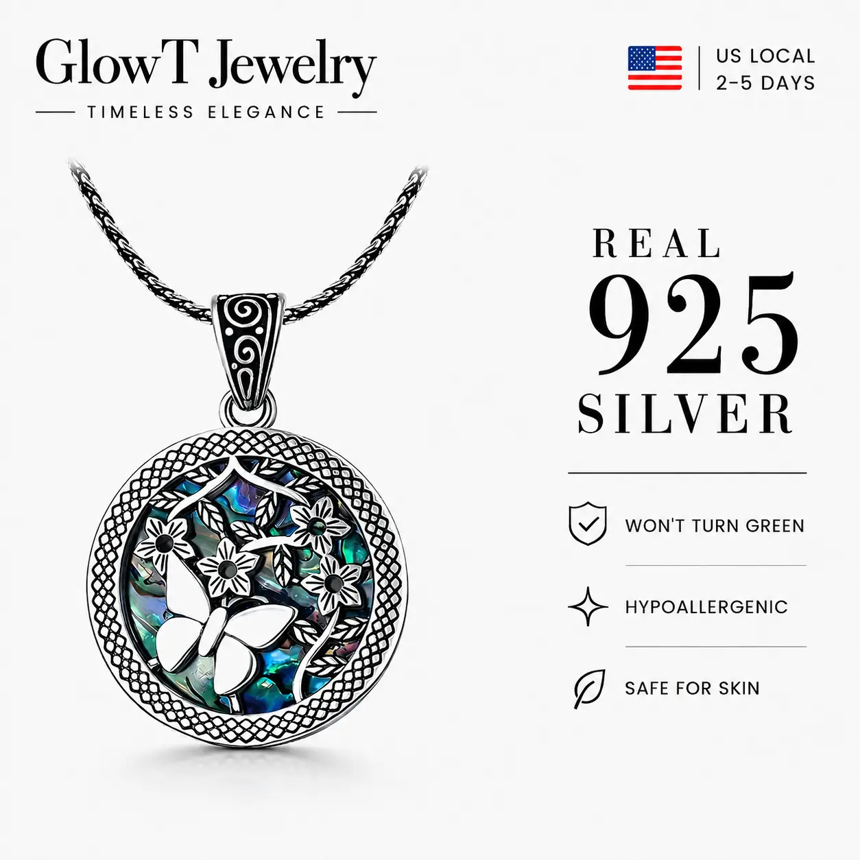 925 sterling silver Art Nouveau butterfly garden pendant necklace with iridescent abalone shell floral vine detail vintage romantic nature inspired statement jewelry for women girls moms birthday anniversary garden party everyday gift boho charm