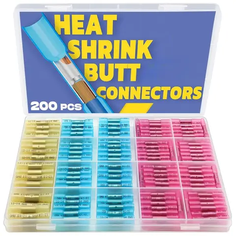 200PCS Heat Shrink Butt Wire Connector Kit, Insulated Water Resistant Electrical Crimp Terminals, High Current Flow Butt Splice with Minimal Voltage Drop for Marine and Automobile Applications