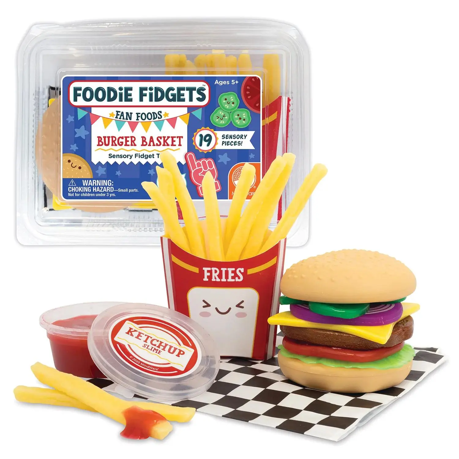 Foodie Fidgets Fan Foods Burger Basket - 19 Soft Sensory Fidget Pieces, Anxiety Squishies, Decompression Squeeze Toy with Fidget Inspired Design