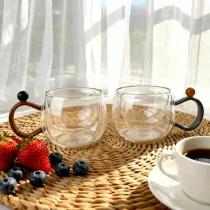 Transparent Double-Layer Insulated Cup with Black & Amber Handles Simple Distinctive for All Beverages Coffee Drinkware