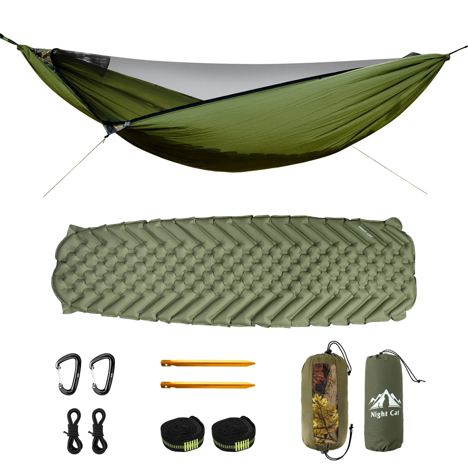 Night Cat Polyester Anti-Mosquito Hammock Kit for Outdoor Camping - 11ft Length, Oversized Space, Easy 1-Minute Setup, Portable Durable Nylon, Zipper Detachable Mesh, Sleeping Pad, 330 lbs Capacity, 11.4"x8.3"x3.9" Storage, 12-Month Solo-Use Warranty