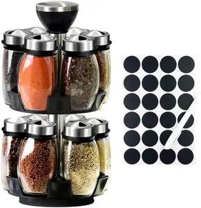 360° 2-Tier Revolving Spice Rack Set with 12 Spice Jars, Kitchen Spice Tower Organizer for Countertop or Cabinet, Kitchen Storage and Organization