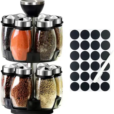 Stainless Steel 360° Rotating 2-Tier Revolving Spice Rack Set with 12 Sturdy Transparent Glass Seasoning Bottles, Kitchen Countertop or Cabinet Organizer Accessory