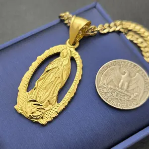MaxBling81 Virgin Mother Mary Guadalupe Religious High-End Pendant Necklace, 14K Stamped 5mm Miami Cuban Brass Chain (20" or 24"), Unisex Hip Hop Fashion Jewelry Accessory, Unisex Design