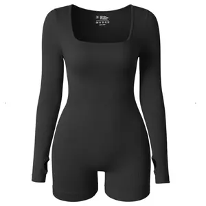 Long Sleeve Ribbed Sculpting Romper Shorts Fit Nylon black jumpsuit