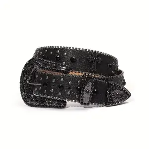 Black Carved Buckle Glitter Belt Sparkling Rhinestone Inlaid Boho PU Leather Belt Western Rivet Jeans Pants Belt For Women music festival