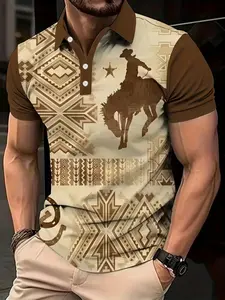 Men's Short Sleeve Polo Shirt, Casual Printed Polo for Daily Wear, Outdoor Travel, Perfect Gift for Boyfriend