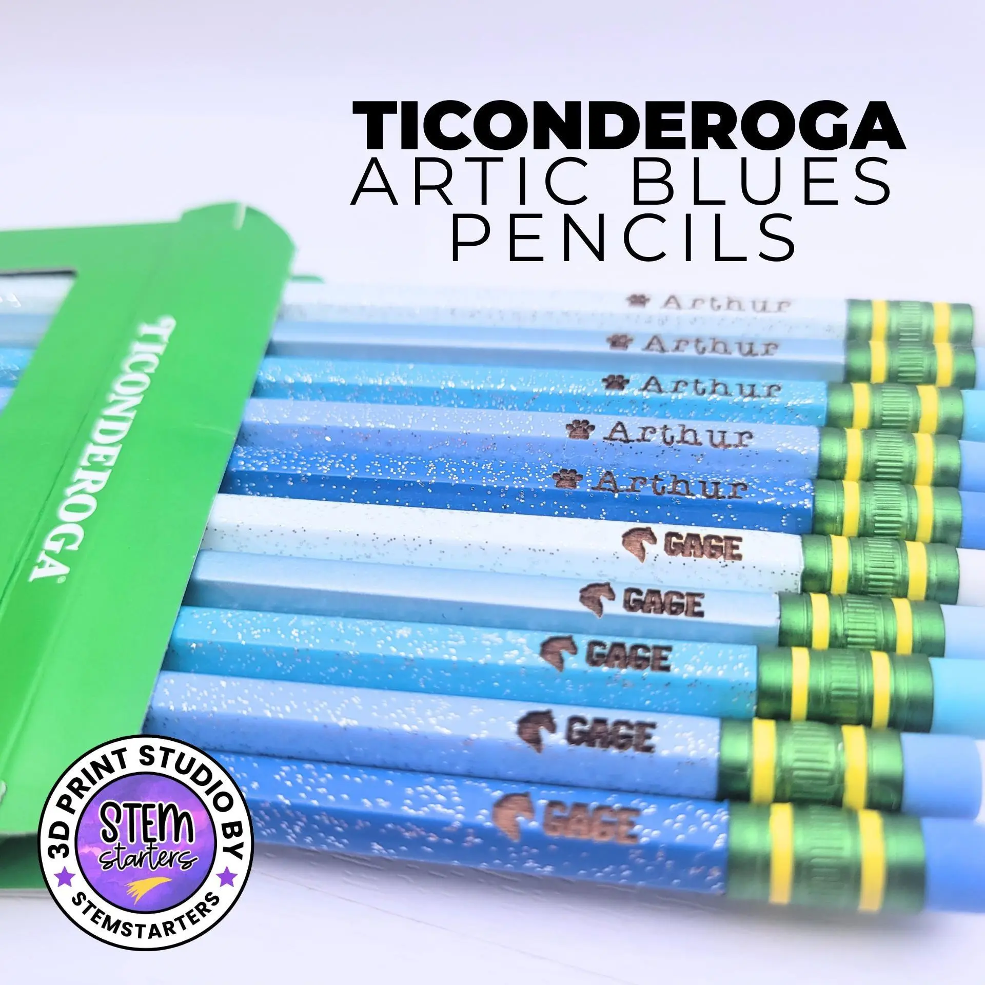 Custom Ticonderoga Artic Blue Pencils: Personalized Engraved Glitter Pencil Set, Cute Teacher Gift, Back to School Supplies, Glitter Blue