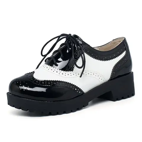 Women's PU Oxfords Shoes - Retro Lace-Up Round-Toe Soft-Soled Block High-Heels, 2026 New StreetChic Casual Dress Shoe for Work (TikTok Shop Back to School)