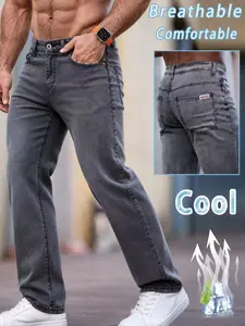 Men's Breathable Lightweight Straight Leg Relaxed Fit Jeans, Soft Stretch Lyocell Fabric, Comfortable All-Season Casual Pants, Mid Waist Loose Fit