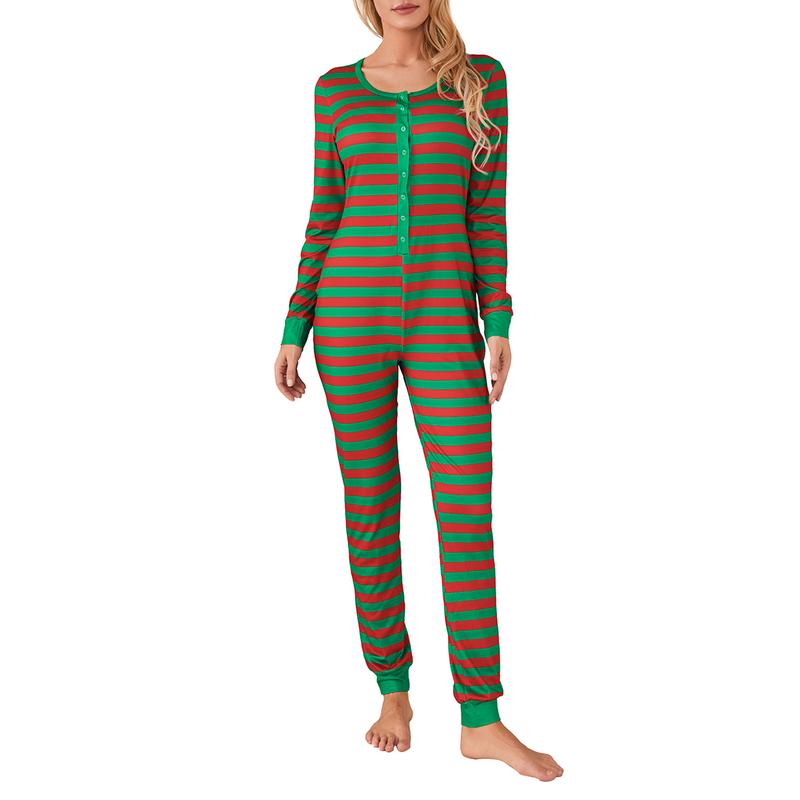 Woman's Christmas Stripe  Pajamas Sexy Round Neck Long SleeveElastic Jumpsuit, Daily Life and Holiday Womenswear Loungewear