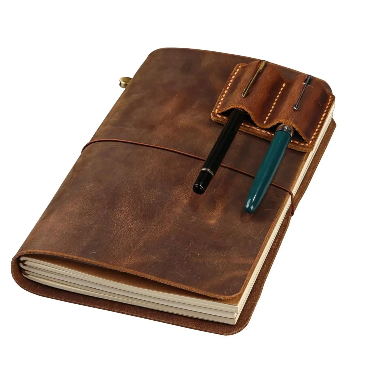 Leather A5 Travelers Notebook Cover with Inner Pockets & Card Slots Pen Holder Full Grain Distressed Leather Refillable Insert Zipper Pocket