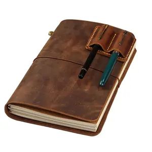 Leather A5 Travelers Notebook Cover with Inner Pockets & Card Slots Pen Holder Full Grain Distressed Leather Refillable Insert Zipper Pocket