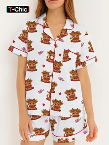 Women's Leopard Print Highland Cow Heart Drink Spring Lapel Shirt and Pants Two-Piece Fitted Loungewear Pajama Set, Short Sleeve Shorts, Party Wear