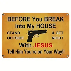 1pc Metal Tin Sign - "Before You Break Into My House" Humorous Handgun Warning Vintage Garage Signage, Aluminum Alloy, Weatherproof, Pre-Drilled Holes, 8x12in, Ideal for Home/Bar Decor or Novelty Gift