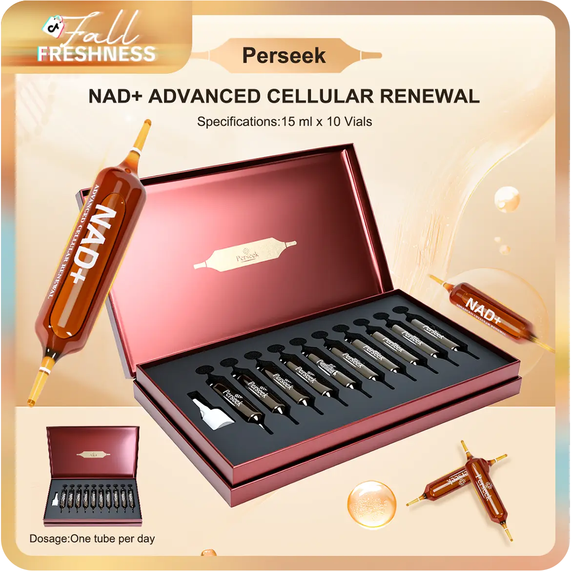 【FallFreshness】 Perseek NAD+ Advanced Cellular Renewal - 1200mg NAD+ Supplement for Skin Aging Support Energy & Focus - 10 Vials - Healthcare, Edible,