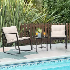 HOMALL 3 Pieces Rocking Wicker Bistro Set, Patio Outdoor Furniture Conversation Sets with Porch Chairs and Glass Coffee Table HOMALL 3 Pieces Rocking Wicker Bistro Set, Patio Outdoor Furniture Conversation Sets with Porch Chairs and Glass Coffee Table