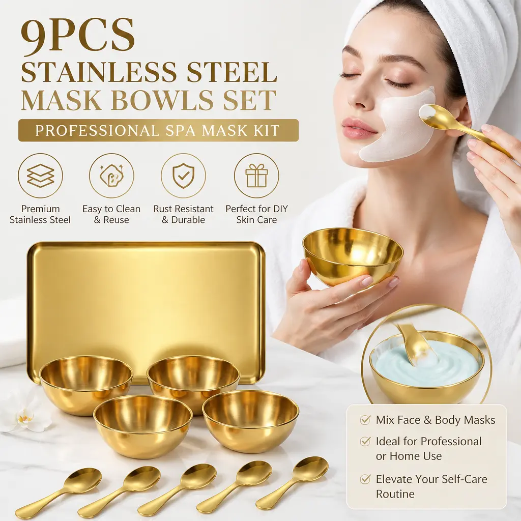 9-Piece Aesthetic Smooth Stainless Steel Facial Mask Mixing Set - 4 Bowls, 4 Spatulas, 1 Spa Tray, Gold(9pcs), Easy to Clean & Reuse, Specialty Kitchen Utensils for Adult DIY Skin Care, Perfect Gift, Clay, Adults, Facial Spoons, Facial Tray With Tray