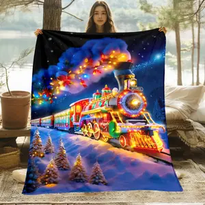 Glowing Locomotive Train Blanket - Soft Flannel Heavy-Duty All-Season Bedspread with Lit Caboose & Christmas for Bed, Sofa, Travel - Cozy Gift