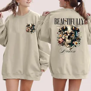 Beautifully Broken I Am Not Okay 2 Sided Graphic Sweater Casual Street Style Fleece Fabric Crewneck Pullover Sweatshirt Tops Trendy for Women for Men