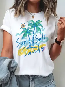 Women'S Tropical Palm Tree & Sun Salt Graphic T-Shirt - Soft Breathable Short Sleeve Round Neck Summer Beachwear Top With Turquoise & Coral Print, Casual Elegant Everyday & Party Wear, All-Season Comfort Fit White Tee For Women
