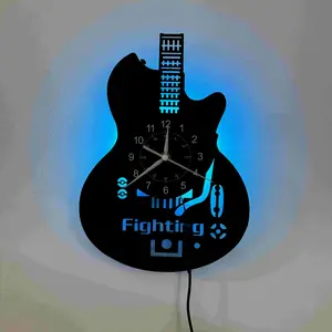 Vinyl wall clock, with colorful LED lights on the back, capable of changing to various colors. Guitar theme. Suitable for home decoration, hotel decoration, office decoration, birthday gifts, festival gifts, graduation gifts.