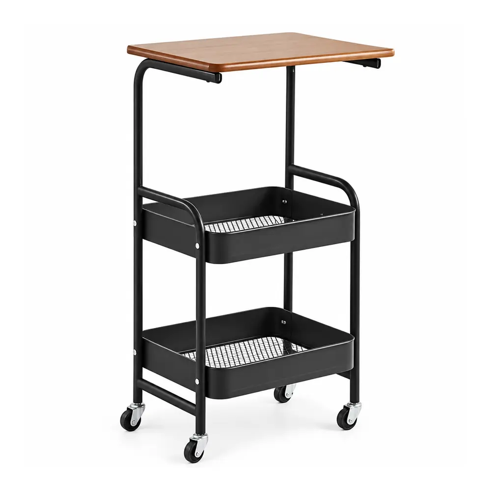 3-Tier Rolling Printer Stand with Wheels, Wood-Look Top and Metal Storage Baskets, Mobile Printer Table and Utility Organizer Cart for Home Office, Kitchen, Craft Room, Bathroom and Small Spaces