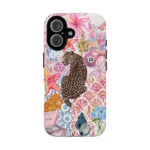 Boho Jungle Aesthetic Phone Case – Wild Leopard & Vintage Collage Vibes Tough Phone Case, Hibicus, Floral, Aesthetic, Gift