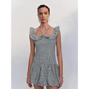 URBAN REVIVO 2026 Viral Women's Sleeveless Blue Checkered Skater Mini Dress - Polyester-Cotton Thin Fabric, Casual Wear, Skirt-Inspired Clothes