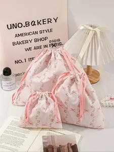 Floral Pattern Drawstring Makeup Bag, 1 Set/ Portable Cosmetic Storage Bag, Multifunctional Makeup Bag for Outdoor Travel Vacation