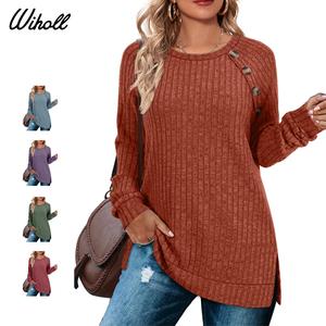 WIHOLL Long Sleeve Shirts for Women Lightweight Button Decor Tunic Tops Side Split