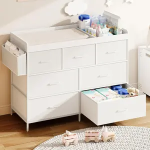 Baby Changing Table, Multi-Functional Baby Dresser with Changing Table Top, Waterproof Baby Changing Station with 7 Fabric Storage Drawers, Modern Nursery Dresser for Bedroom (White)