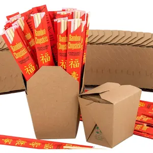 Microwaveable Chinese Take Out Boxes With Chopsticks 25 Pack Brown Leak Proof Recyclable 16 oz Paper Pails Disposable Bamboo Chopstick Set for Leftovers Party and Fast Food