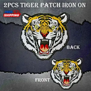 Premium Bengal Tiger Face Embroidered Iron On Patches 2 Pcs Wild Animal Applique